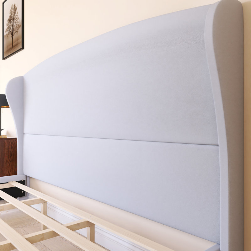 Wood Frame Platform Bed with Headboard Wingback, Gray, KIng