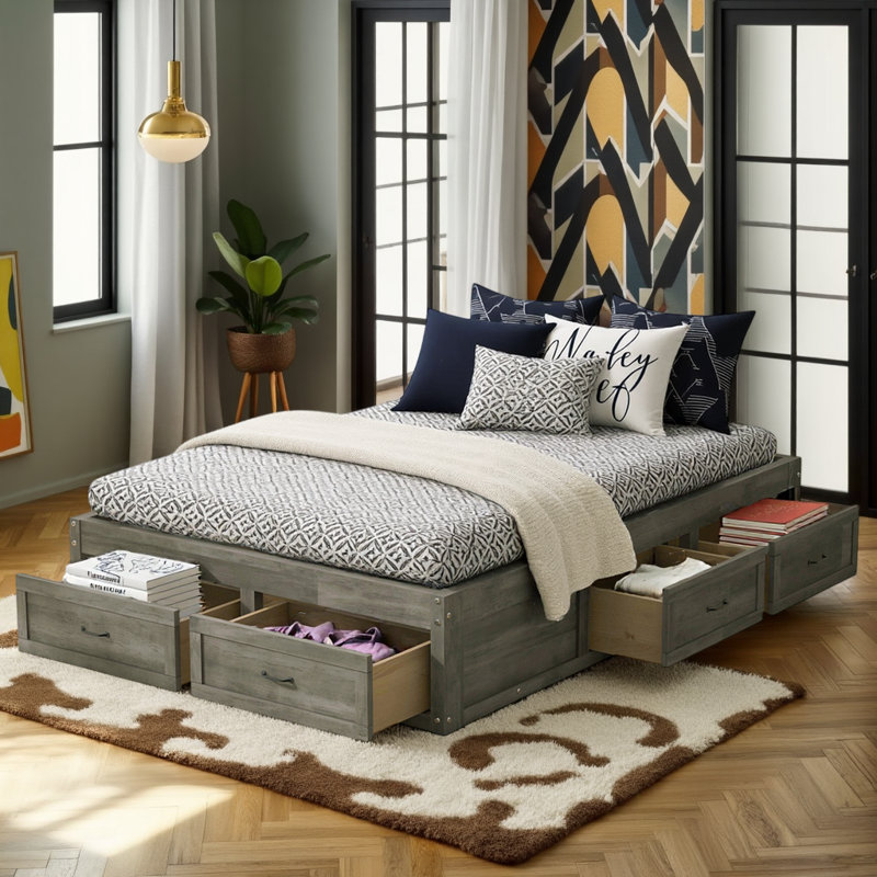  Platform Bed with 6 Storage Drawers - Modern Low-Profile Design & 350 lbs Capacity, Gray, Full