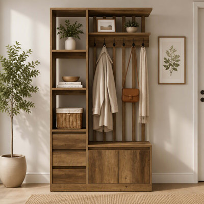 Porte-manteau de style champêtre avec banc et rangement à chaussures, 6 patères, 3 étagères, 5 casiers à chaussures pour l'entrée