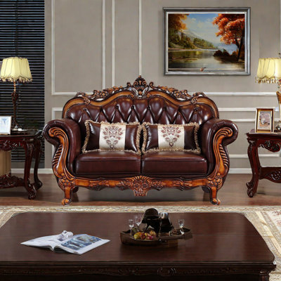 European-style Living Room Carved Sofa. 73.2'' Genuine Leather Rolled Arm Loveseat -  FURNITURE LEISURE, INC., HJF7U8OT2GL