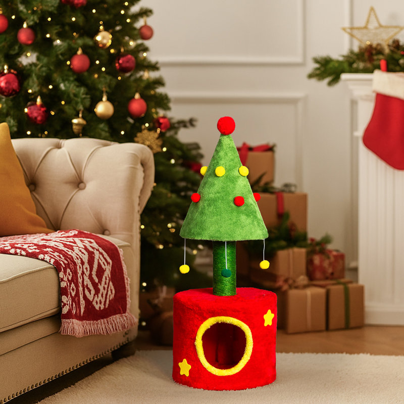 Tour pour chat festive rouge et verte - conception sur le thème des Fêtes avec boules suspendues interactives