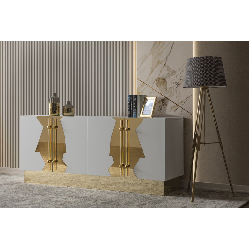 Callista 4-Door Sideboard with Art Deco Doors and Interior Shelves, White/Gold 
