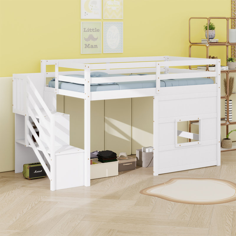 Loft Bed With Storage Staircase And Window, White