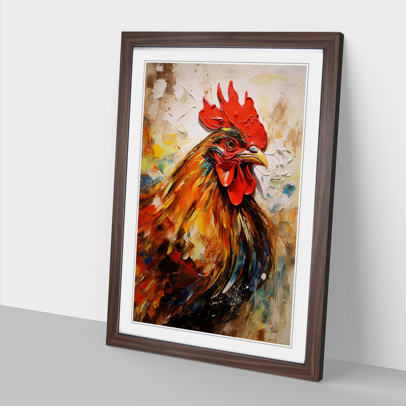 Rooster Contemporary - Single Picture Frame Print on Wood, 46cm H x 34cm W x 2cm D, Walnut