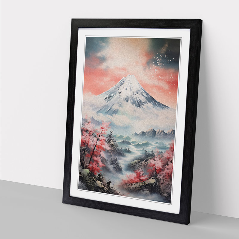 Japanese Mountains Action Painting - Framed Print, 34cm H x 25cm W x 2cm D, Black Framed