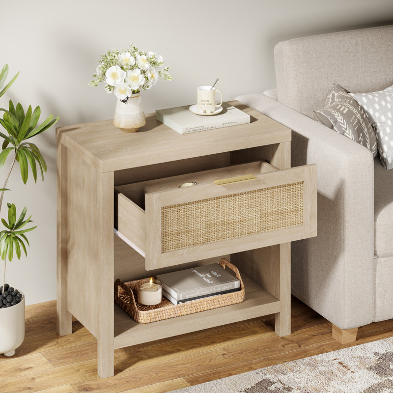 Rattan Night Stands, Boho Bedside Table With Drawer And Storage Shelf, Set of 2, Original Oak