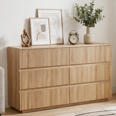 55 Inch Fluted 6 Drawer Handleless Dresser Embossed Melamine Thermoformed Cabinet