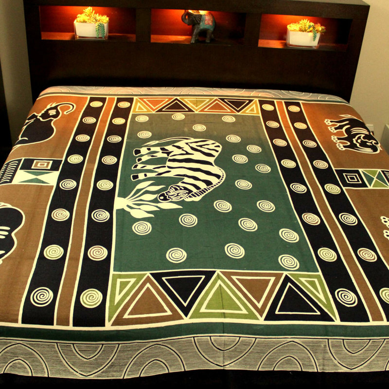 Tapisserie à imprimé en coton animal africain, l 70 po x L 106 po, Vert olive