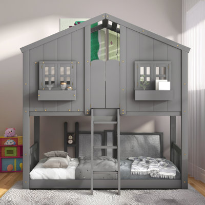 Kids Imaginative Playhouse Bunk Bed with Ladder and Safety Guardrails Safe Sleep