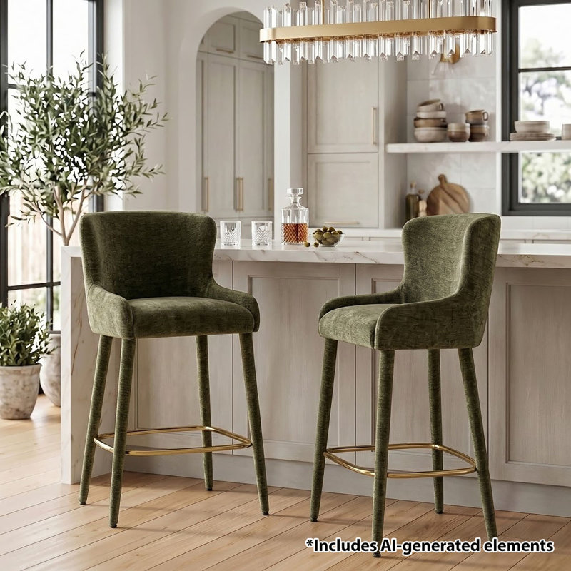 Tabouret 26,5 "en chenille de luxe moderne avec repose-pieds dorés, Green