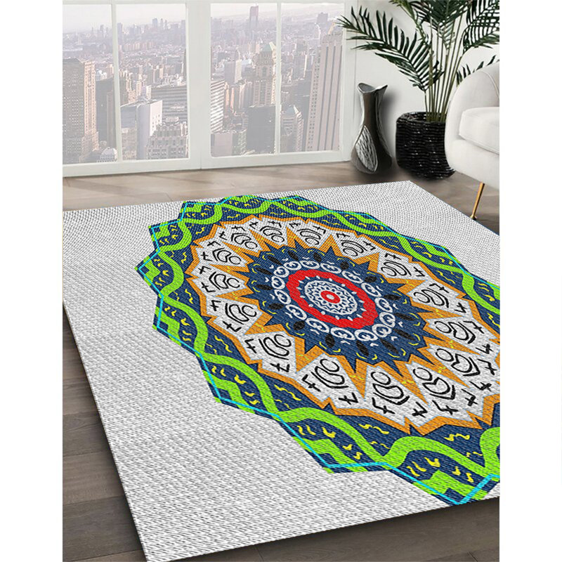 Tapis vert/bleu/gris tissé à la machine, Rectangle 8 pi x 10 pi