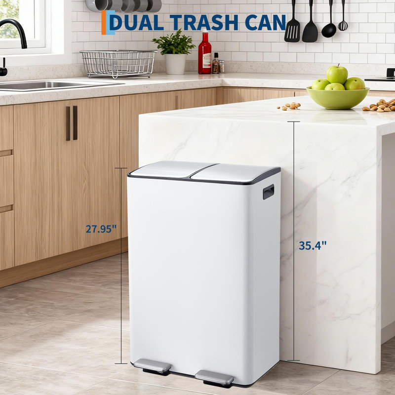 Poubelle à double compartiment 16 gallons GarveeHome - Acier inoxydable, pédale, seaux intérieurs amovibles, couvercle à fermeture en douceur - cuisine, maison, bureau - blanc