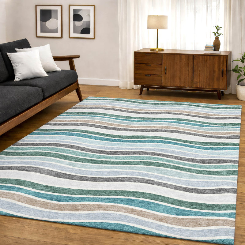 Premium Machine Washable Mayfield AMF2333 Stripes Rug, Teal, 3' x 5'