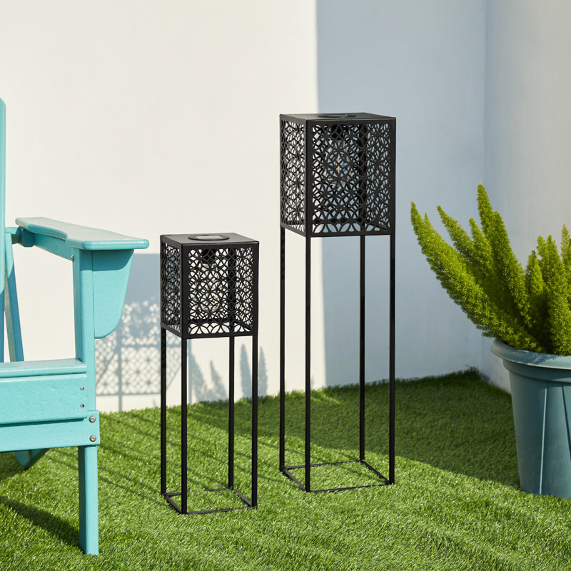 Oversized Black Metal Cutout Pattern Solar Powered Outdoor Floor Lantern