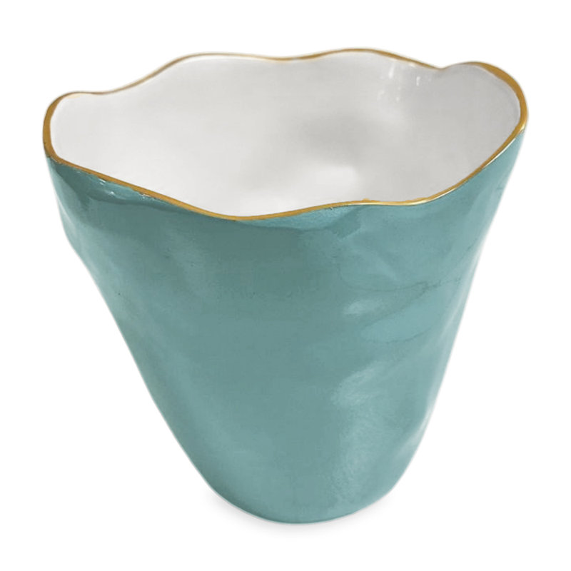 Large White and Turquoise Aluminum Ice Bucket with Gold Rim