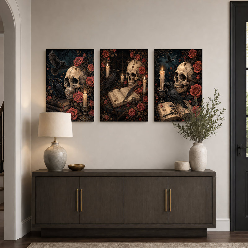 Art mural de crânes gothiques avec corneilles noires et rouge d'Halloween, ensemble de 3 toiles, H 30 po x l 20 po x 3 pièces