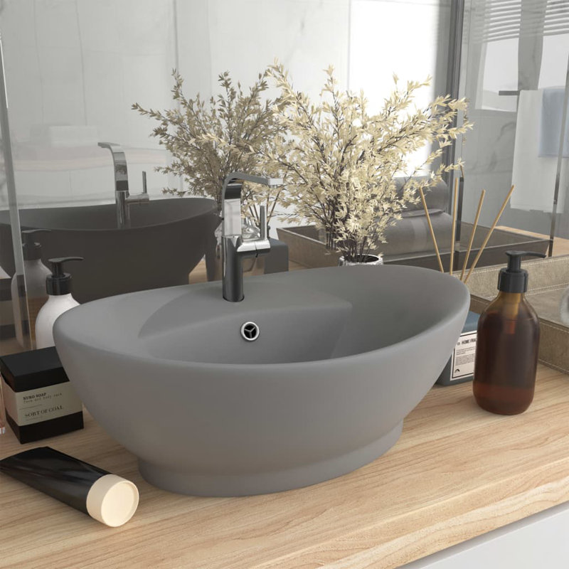 Belfry Bathroom Pearlene 390mm W Ceramic Oval Sink with Overflow, Light Grey