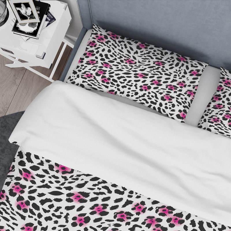 Ensemble de housse de couette mid-century glam leopard, Housse de couette double / grand et 2 taies décor, Noir / Blanc