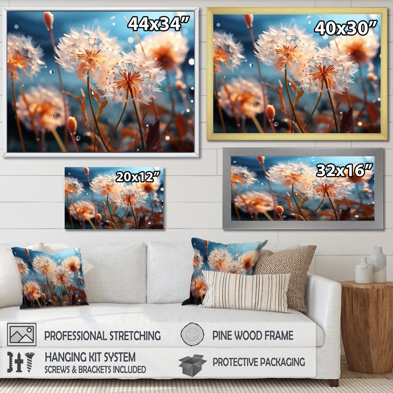 Blue Dandelion Dancing In The Morning II - Floral Wall Art Prints, H 12 po x l 20 po x P 1 po, Cadre simple noir