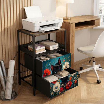 Table de chevet 2 tiroirs avec station de charge, table de chevet pour chambre avec ports USB, tablette ouverte noire, table de chevet avec oreilles de chat fantaisistes cachées parmi des motifs floraux colorés