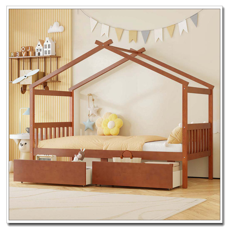 Lit en bois avec tiroirs, Noyer, Simple