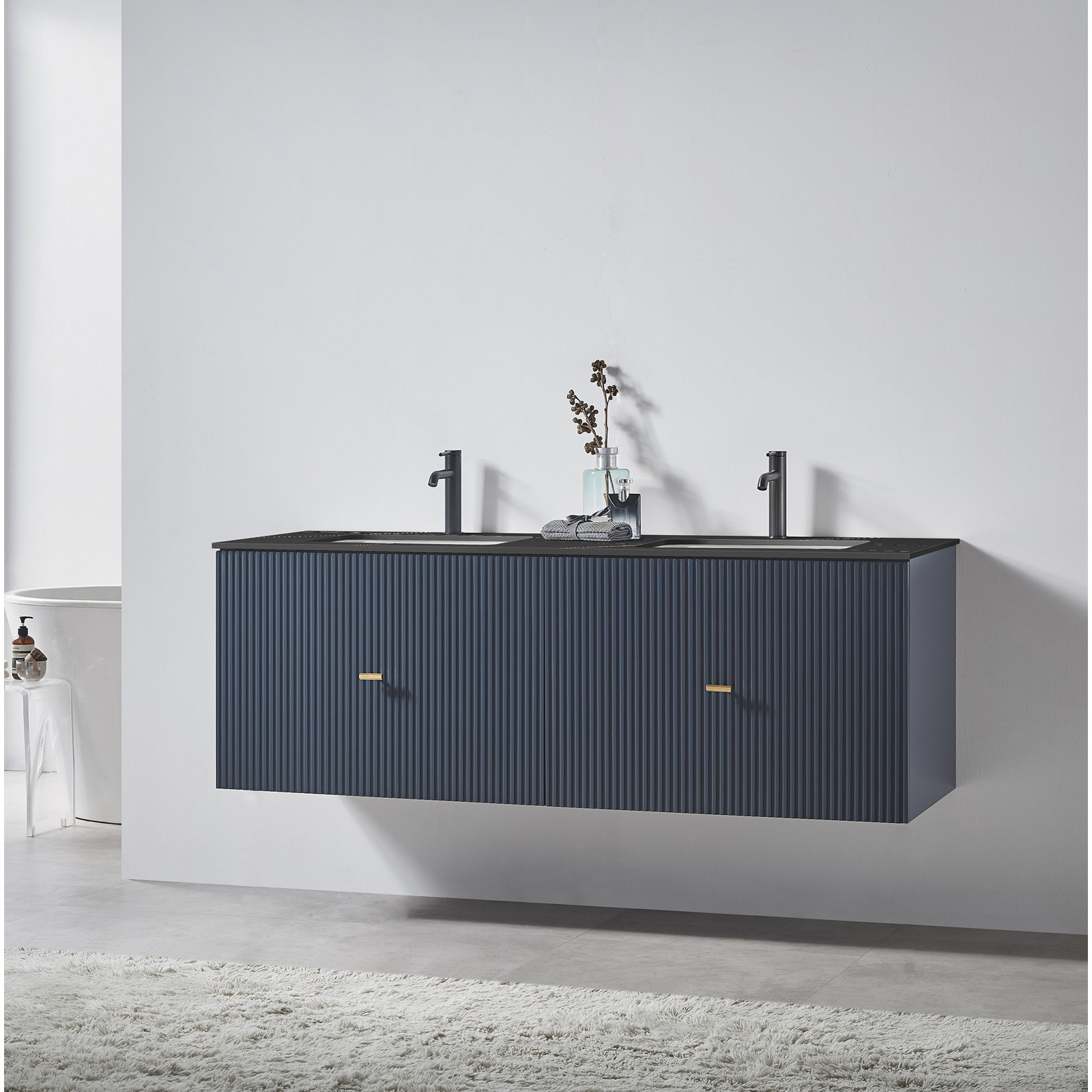 Jamell 60'' Double Bathroom Vanity, Dark Blue, Black