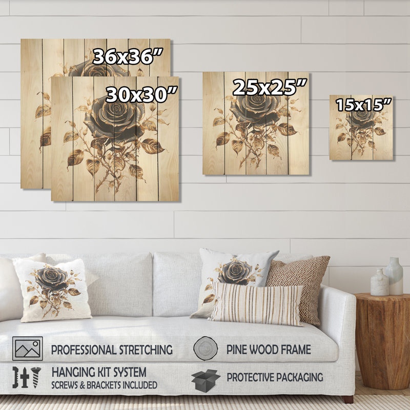 Vintage Rosegold Elegance III - rose sur bois, H 36 po x l 36 po