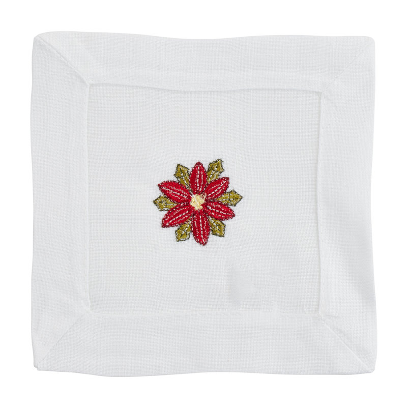White Embroidered Poinsettia Winter Cocktail Napkins Set of 12