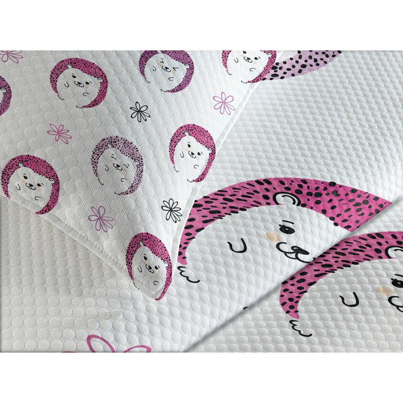 White Quilted Queen Bedspread Set with Hedgehog Print