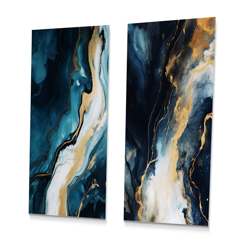 Or et bleu, peinture abstraite sur marbre I - ensemble de 2 reproductions d'art en marbre abstrait, H 32 po x l 32 po