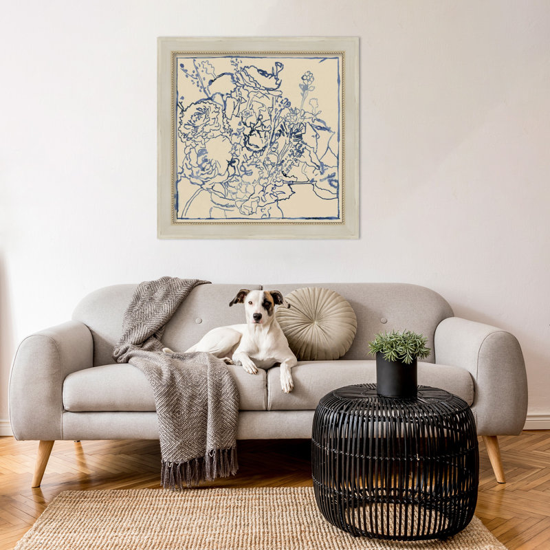 Indigo Floral Sketch by Megan Meagher, 28" W x 28" H, Cream