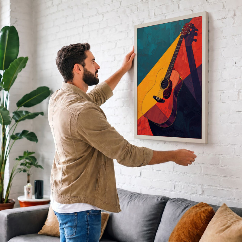 Geometric Guitar Mid-Century - Wrapped Canvas, 24x16 - 61.0 x 40.6 cm, Sage Border