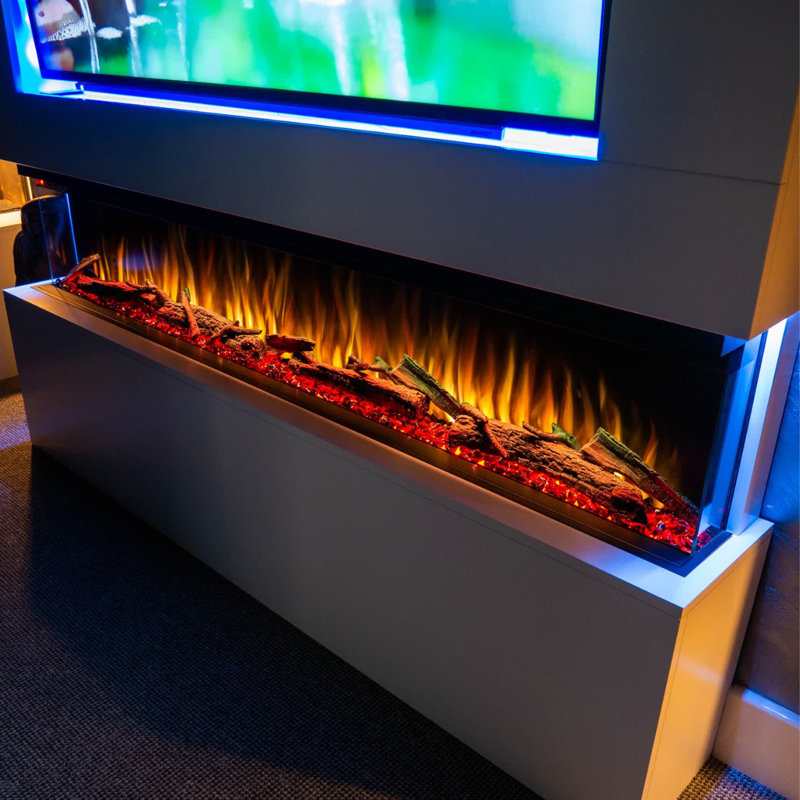 Pre-Built Media Wall Package 20 | Include 60 Inch Spectrum Series 3-Sided Electric Fireplace | TV Feature Wall with LED Flame Effect | Made in the UK