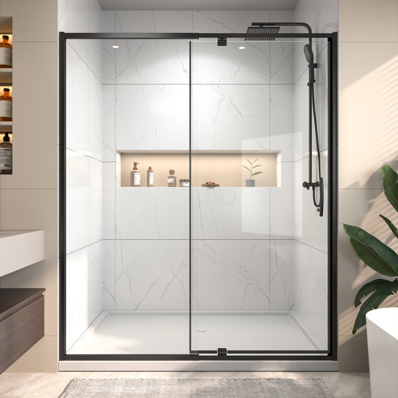 56"- 60" W x 71" H Single Sliding Semi-Frameless Shower Door, Matte Black