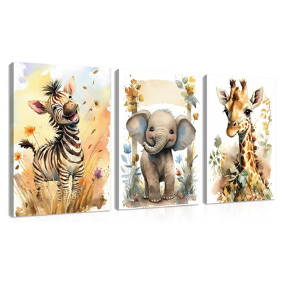 Woodland Animal Wall Art Set Of 3, Wild Animals Nursery Picture Wall Decor Canvas, Cute Giraffe Elephant Zebra Watercolor Poster Print Artwork For Boys Girls Room Decoration – 12X16 Inch