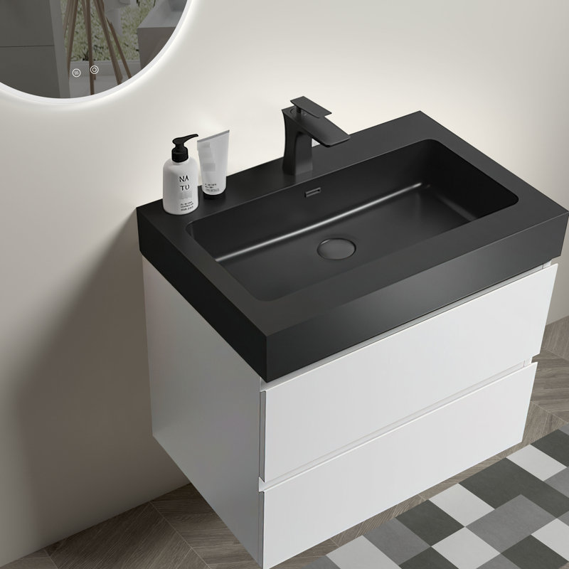 Modern Bathroom Vanity 24", White With Black Sink, Expansive Storage Options, Silent Performance, Wall Mounted Unit 24" - Chic & Black, Ample Volume, Operation Aspect, Cool Beveled Look