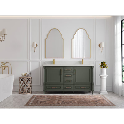 60 po X P 22 po D Meuble-lavabo à double cuve en étain vert avec 2 quartz gris Piatra