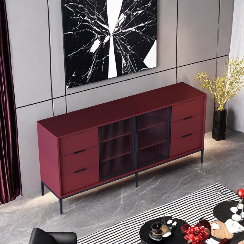 Buffet moderne avec 2 portes et 6 tiroirs, Rouge