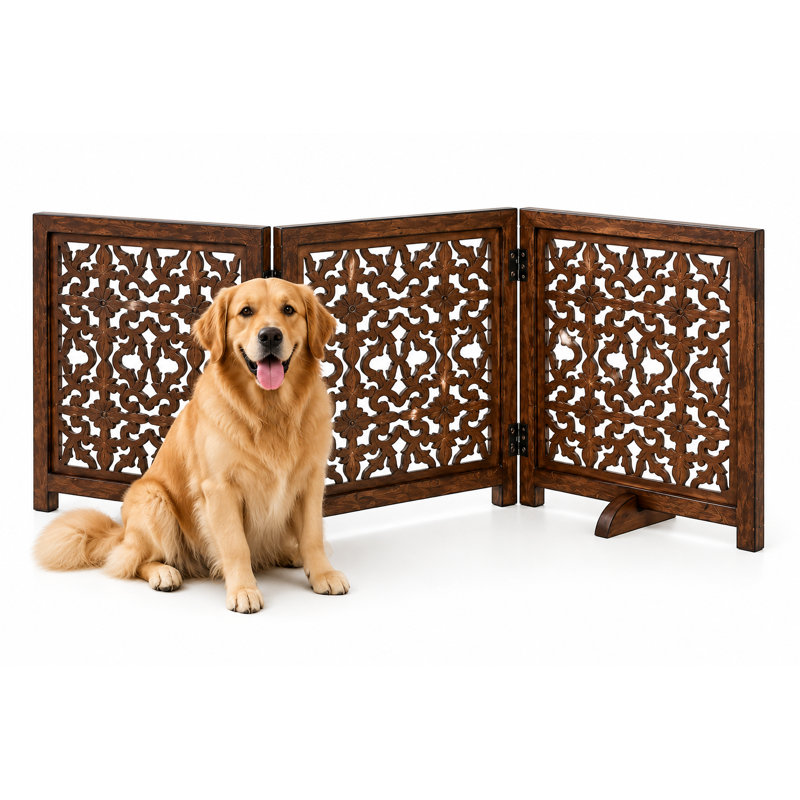Barrière pliante pour chien en bois à 3 panneaux avec motif floral, Burnt