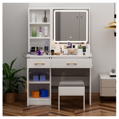 Table de coiffeuse à 3 lumières, prise de courant et rangement