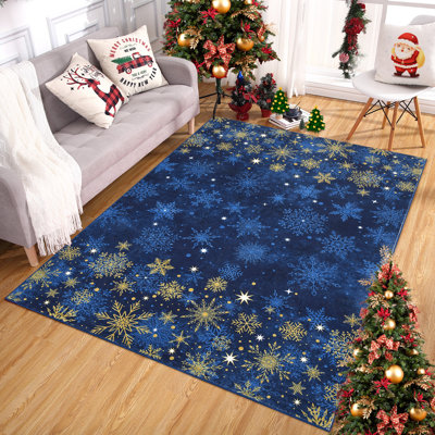 Tapis de Noël lavable, tapis antidérapant avec flocons de neige, tapis décoratif doux à poils courts pour le salon, la chambre à coucher, décor d'hiver des Fêtes - bleu, 9 x 12 pi (274 x 366 cm), États-Unis