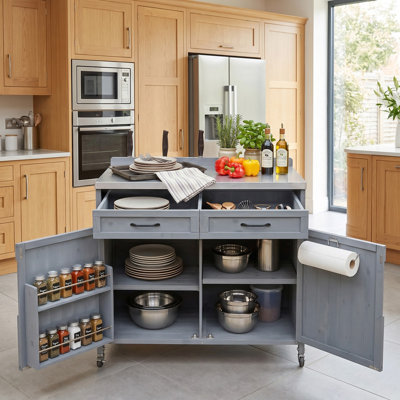 Îlot de cuisine extérieure de 100 cm (39,4 pouces) avec comptoir en acier inoxydable, armoire de rangement extérieure comprenant un grand tiroir, des étagères personnalisables, des supports de rangement internes et quatre roulettes pour la préparation des pizzas, gris bleu