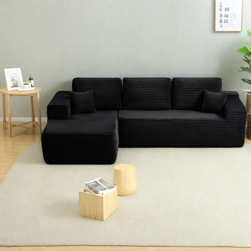 Canapé modulaire en tissu noir avec méridienne confortable, design moderne pour le salon