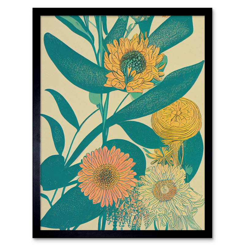 Marigold Daisy Flowers Turquoise Leaves 1 Piece Single Picture Frame Wall Art