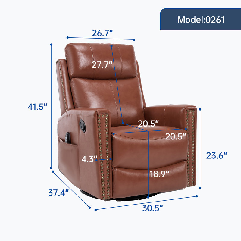 Genuine Leather Heat Massage Manual Recliner Chair With Rocker And Swivel For Living Room, Red