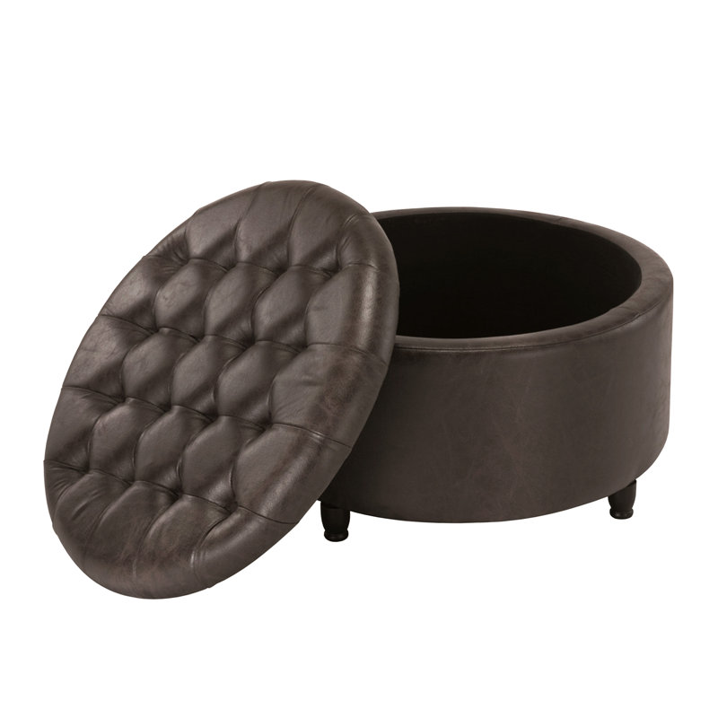 Niche Knight  28" Large Round Pintucked Storage Ottoman With Lift Off Lid - Brown Faux Leather, Dark Brown Wood, Brown