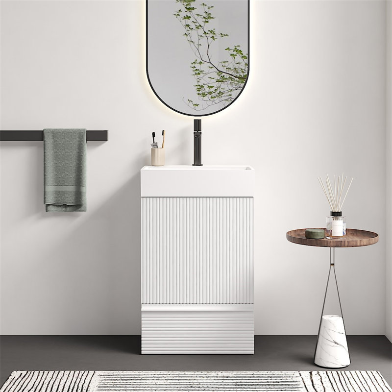 Meuble-lavabo blanc en velours rayé 20 po avec lavabo en céramique blanche Gada, Blanc mat, Blanc