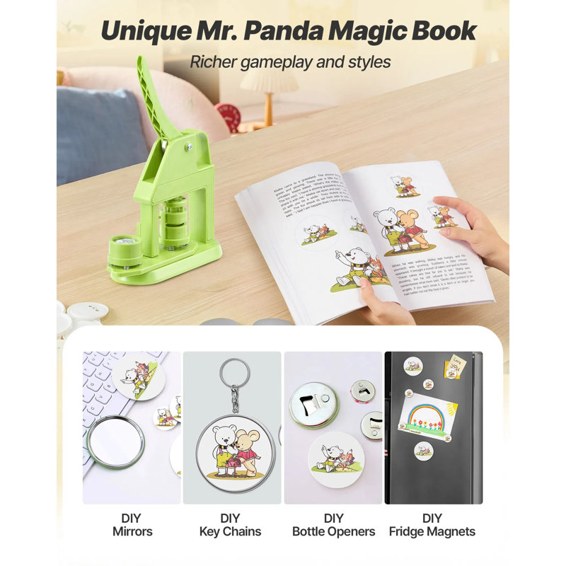 Machine à boutons, machine à épingler en plastique avec pièces pour boutons, livre magique Mr. Panda, coupe-cercle et clés hexagonales, poignée ergonomique renforcée, pour badges de bricolage, épingles personnalisées