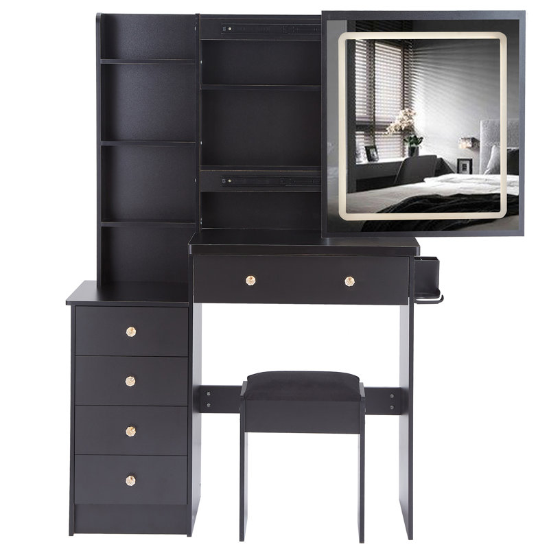 Ensemble de meuble-lavabo de 37 po de taille moyenne avec commode gauche + commode tabouret, 2 prises CA + 2 prises USB, support pour séchoir à cheveux, grand miroir à DEL tactile, interrupteur 3 couleurs, EPA, GCC, certificat UL