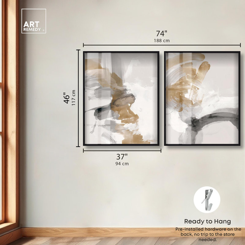 Ensemble de 2 décorations murales bohème Golden Whispering Haze, H 46 po x l 37 po, Structure noire